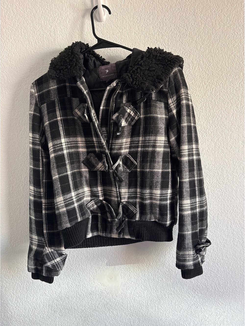 Forever 21 Women's Black and White Plaid Wool Blend Toggle Hooded Jacket Size S